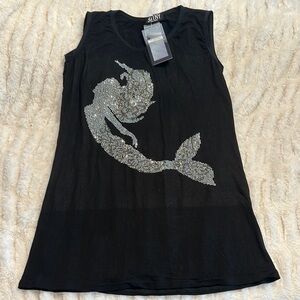 NWT‎ Black Tank Top with Silver Rhinestone Mermaid Design